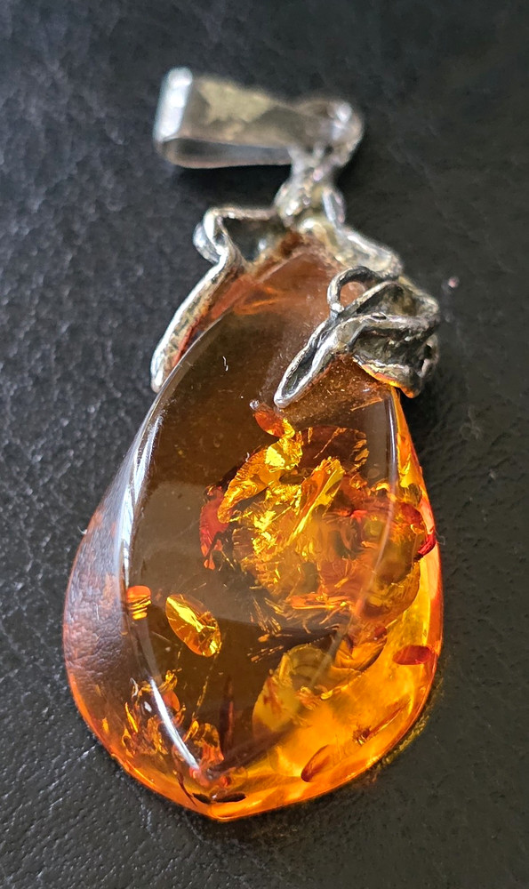 Handcrafted Teardrop Orange Amber Pendant Charm, Prong Set Silver Bail