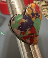Heart Shaped Colorful Confetti Artisan Silver Tone Costume Ring Sz 6 1/2 READ