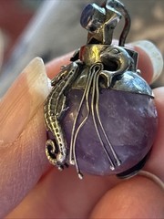 Artisan Signed Amethyst And Sterling Silver 925 Dolphins Seahorse Lapis Pendant