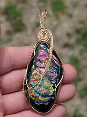 Large Dichroic Glass Pendant 14K Gold Filled Wire-Wrapped Iridescent Multi Color
