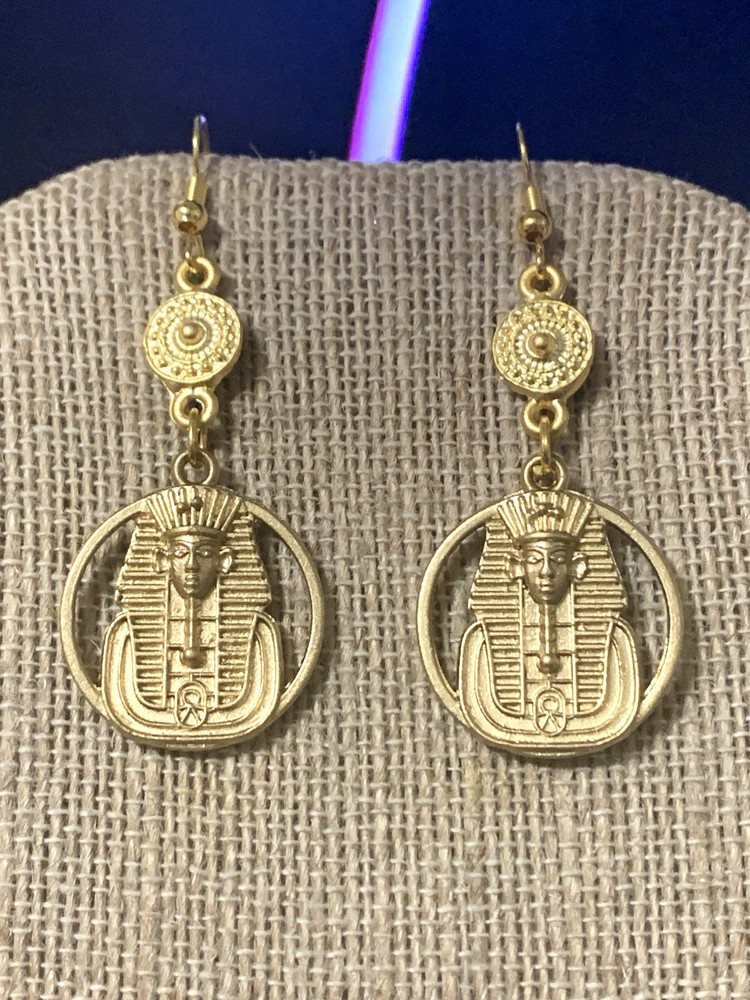 *NEW LISTING*HANDCRAFTED EGYPTIAN REVIVAL GOLDEN PHARAOH COIN DROP EARRINGS-NEW