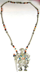 Peru 950 Sterling Silver Multi Stone Inlay Warrior King Pendant Heishi Necklace