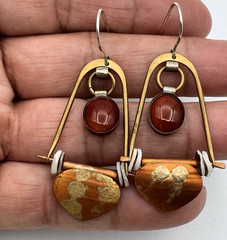 Artisan Mix Metal Carnelian Mop Stone Dangle Earrings w/Sterling Silver Hooks