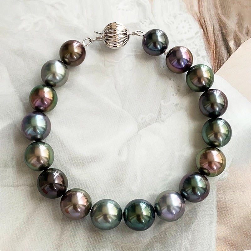 Charming 7.5-8″12-13mm South Sea Genuine Black peacock Round Pearl Bracelet 2588