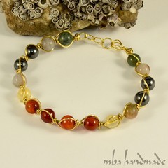 Handcrafted Brass Bracelet with Mixed Natural Stones Carnelian, Amethyst, Jade..