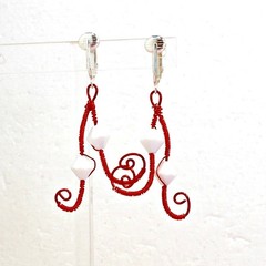 Clip on earrings Swarovki crystals white wirework red handmade
