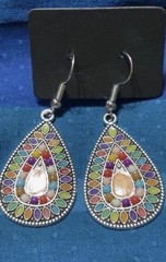 Multicolor Teardrop Dangle Earrings Silver Tone & Orange Artsy Boho Whimsical