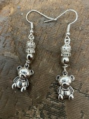 Retro Silver Teddy Bear W/ Crystal Hammered Bead French Wire Dangling Earrings