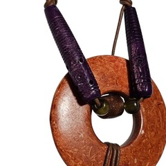 Handmade Boho Wooden Ring Necklace Purple Carved Beads Leather Cord Jewelry