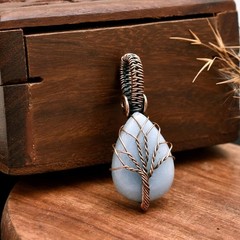 Blue Angelite Pendant, Tree of Life Copper Wire Wrapped Gemstone Jewelry