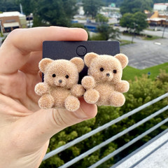 Teddy Bear Earrings Velveteen Stud Small Fuzzy Steel Handmade Light Brown