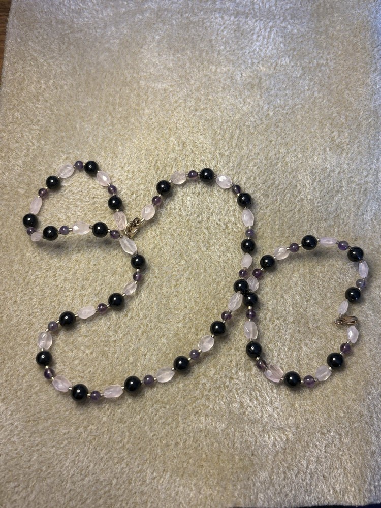 Necklace Bracelet Beaded Rose Quartz Amethyst Black Tourmaline 14KT Gold