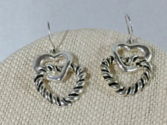 Lovely Artisan Silver Tone Double Heart Design Dangle Hook 1″ Earrings!