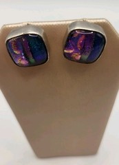 950 Fine Sterling Silver Square Dichroic Metallic Glass Pierced Stud Earrings
