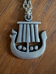 VTG R.Tennesmed Sweden Pewter Pendant Necklace Viking Ship MCM Jewelry