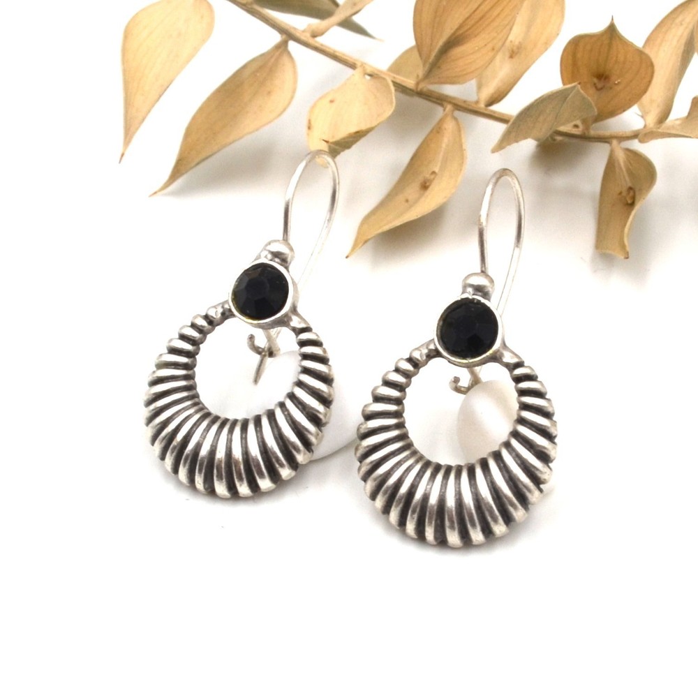 Lightweight Boho Bohemian Silver Black Zircon Fluted Crescent Dangle Earrings