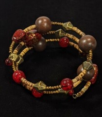 Bronze Tone Red Brown Wood Acrylic Wrap Bead Bracelet 11215