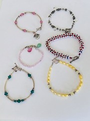 Lot Of 6 Sterling Silver Beaded Pearl Pink Clear Green Crystal Bracelets