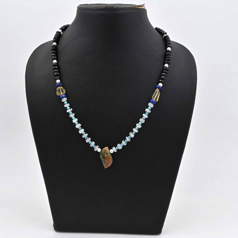 Rainbow Moonstone Faceted Beads Necklace with Unkite Jasper Pendant with Spinel