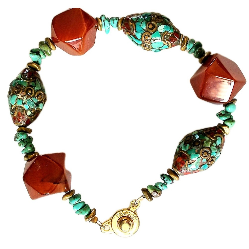Turquoise Mini Mosaic Beads With Carnelian Beads Bracelet