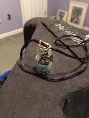 MINI Bottle Pendant -CRUSHED GLASS & FISH CHARM ON 16 INCH BLACK SATIN NECKLACE