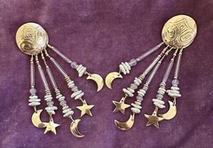 TABRA 14k Gold-Fill Embossed Moon & Stars Rose Quartz Pearl Chandelier Earrings