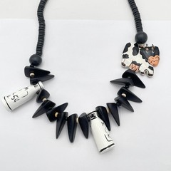 Vintage Folk Art Necklace Wooden Cow Milk Bottle Pendant Whimsical 90s Beaded Re
