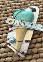 Blonde Shark Tooth Pendant Turquoise Wrapped Copper Handmade Artisan Signed
