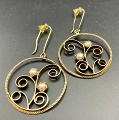 Artisan Crafted Gold Tone & Genuine Pearls Hoop Dangle Drop Earrings Scrollwork