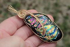 Large Dichroic Glass Pendant 14K Gold Filled Wire-Wrapped Iridescent Multi Color