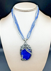 Artisan Cobalt Blue Glass Pendant Choker Necklace Silver 16″ Seed Bead Chain