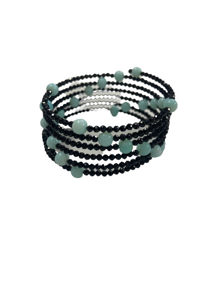 Natural Peruvion Opal & Black Spinel Gemstone Beaded Bangle Multi Layer Bracelet