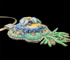 Seed Beads Artisan Design Aqua Gold Glass Lampwork Beads Crystal Pendant Choker
