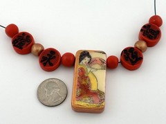 Artisan Asian Inspired Necklace Reversible Domino Pendant Red Statement
