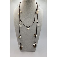 Rock Crystal Quartz Lariat Necklace Gemstones Freshwater Pearls Leather Cord 40″