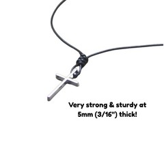 Titanium Steel Cross † on Hand Knotted Black Leather Necklace
