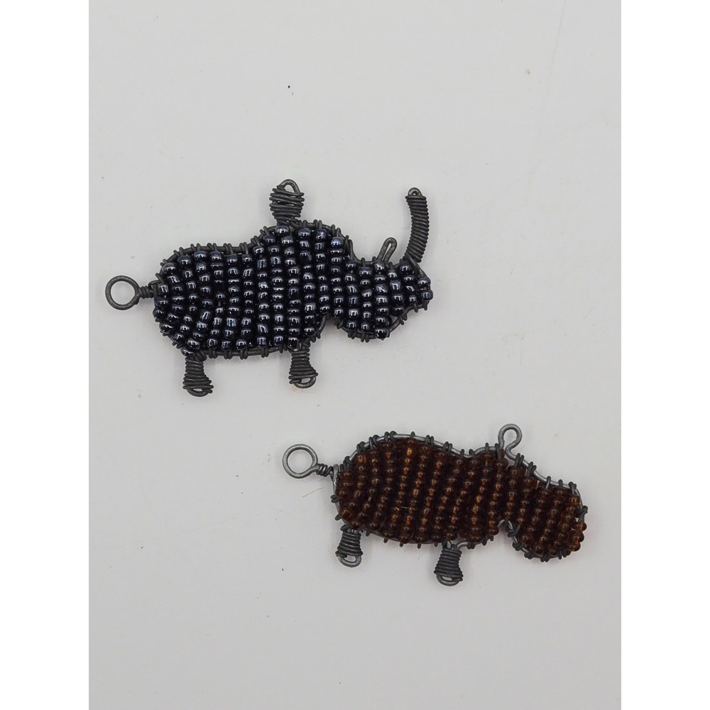 Handmade Beaded Wire Animal Figurines Rhino and Hippo Safari Charms Set of 2