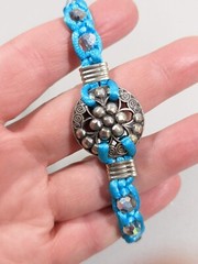 Silver Tone Blue Cord Medallion Bead Woven Style Toggle Bracelet 7.5 inches