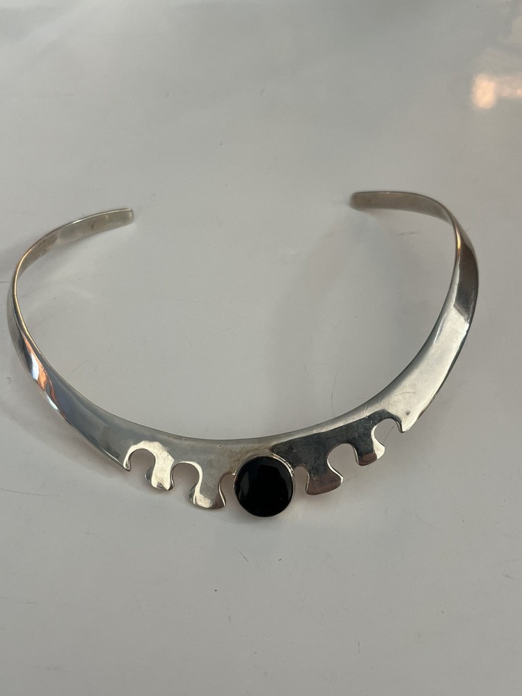 Vintage Taxco Mexican silver Modernist collar necklace with Black Onyx TB-09