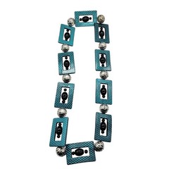 Vtg Art Deco Enamel Link Necklace Dots Rectangular Teal Green Black Oval Beads