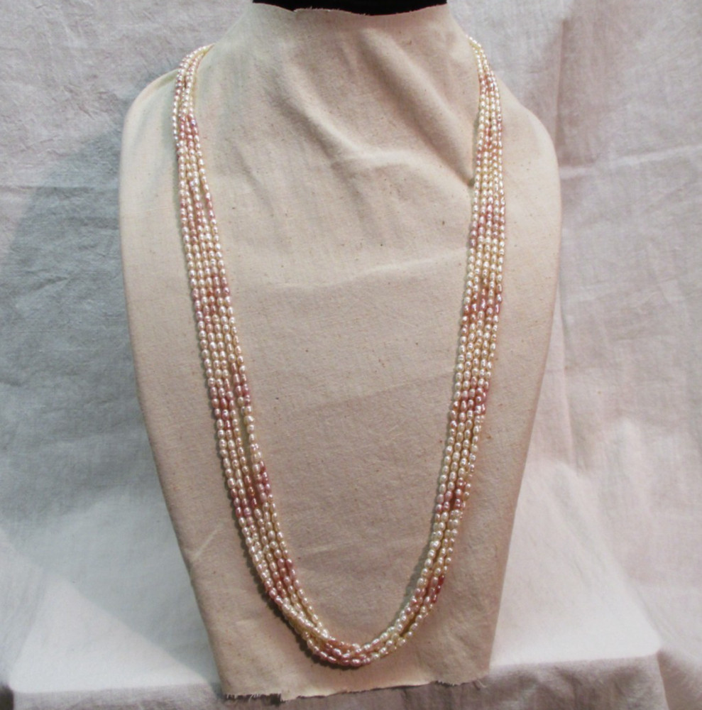 lovely 4 strand Rice Pearls Necklace white & pink 32″ waterfall Cultured Pearls