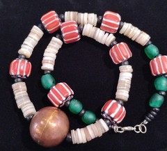 Tribal Copper Red Striped Glass Trade Beaded Natural Wood Necklace