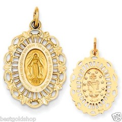3D 3/4″ Oval Miraculous Medal Filigree Charm Pendant Solid Real 14K Yellow Gold