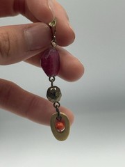 Artisan Brass Tone Dangle Earrings Pink Glass Beads Orange Accent Boho