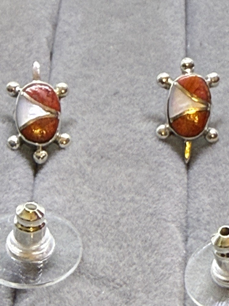 Santa Fe Style Enhanced Red Coral, Mother Of Pearl Earrings In Sterling Silver .