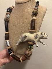 VTG Folk Art Carved Cat Necklace Glass Beads Handmade Celestial Ethnic