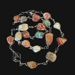 Artisan Wire Wrapped Natural Gemstone Necklace 34″ Endless Large Stone Statement