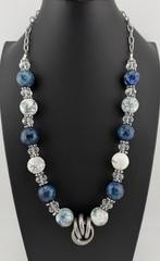 Artisan Blue White Mixed Stone Glass Bead Necklace Sterling 925 Clasp 22.5”