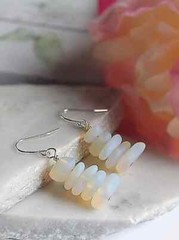 Opal Moonstone Pebble Shaped Frosted Sea Glass Silver Ladies Dangle Earrings