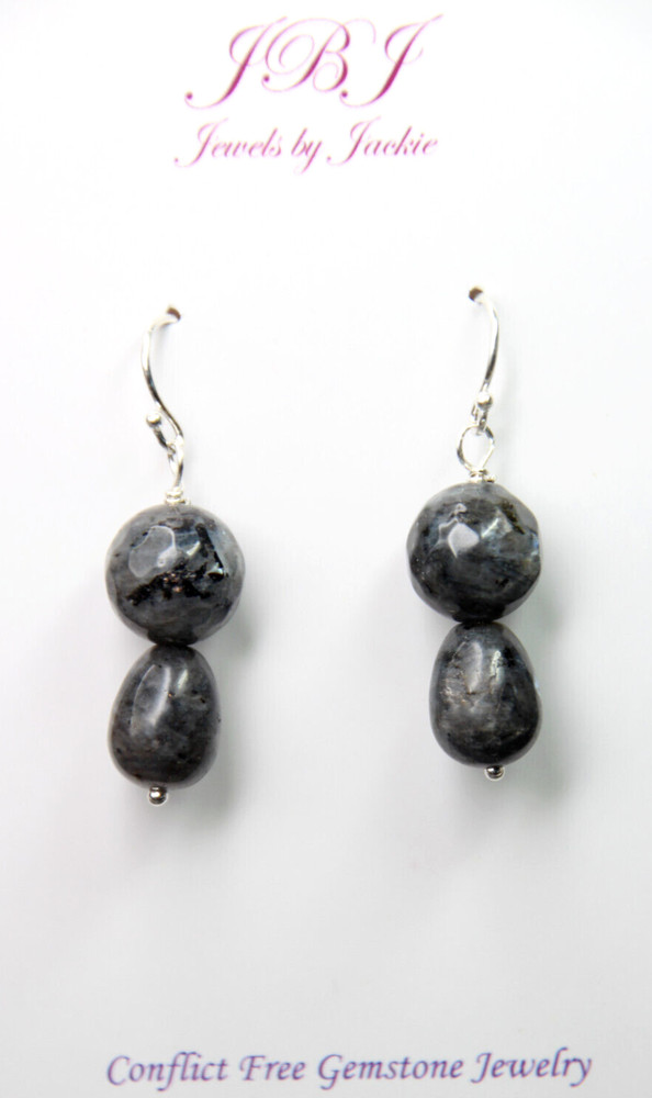 Larvikite Black Labradorite 10mm Ball Gemstone .925 Sterling Silver Earrings